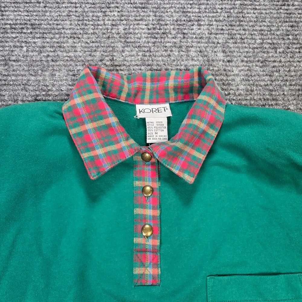 VTG Koret Long Sleeve Polo Shirt Women's Size M Green Plaid Collar Crest Pocket - Picture 7 of 8